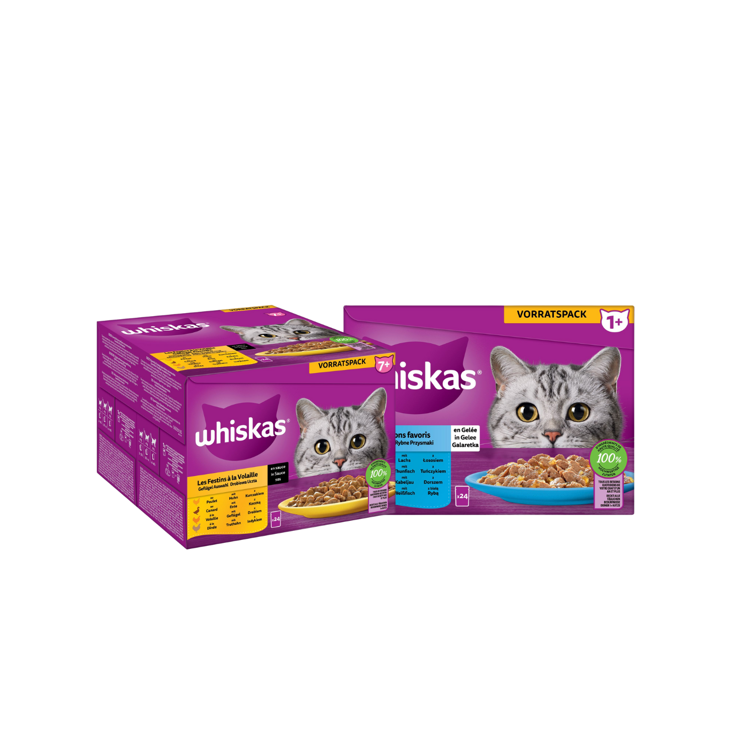 Abgebildet sind zwei Multipacks Frischebeutel für Katzen 24x85 g in den Sorten Geflügelauswahl 7+ und Fischvariation 1+ der Marke Whiskas.
