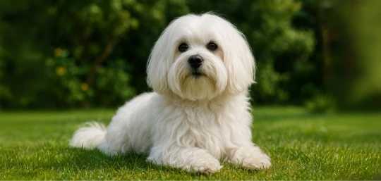 Ein Malteser liegt auf einer Wiese im Garten.