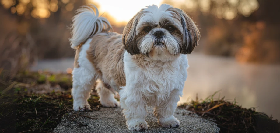 Ein Shih Tzu steht auf einem Weg vor einem See und schaut in die Kamera