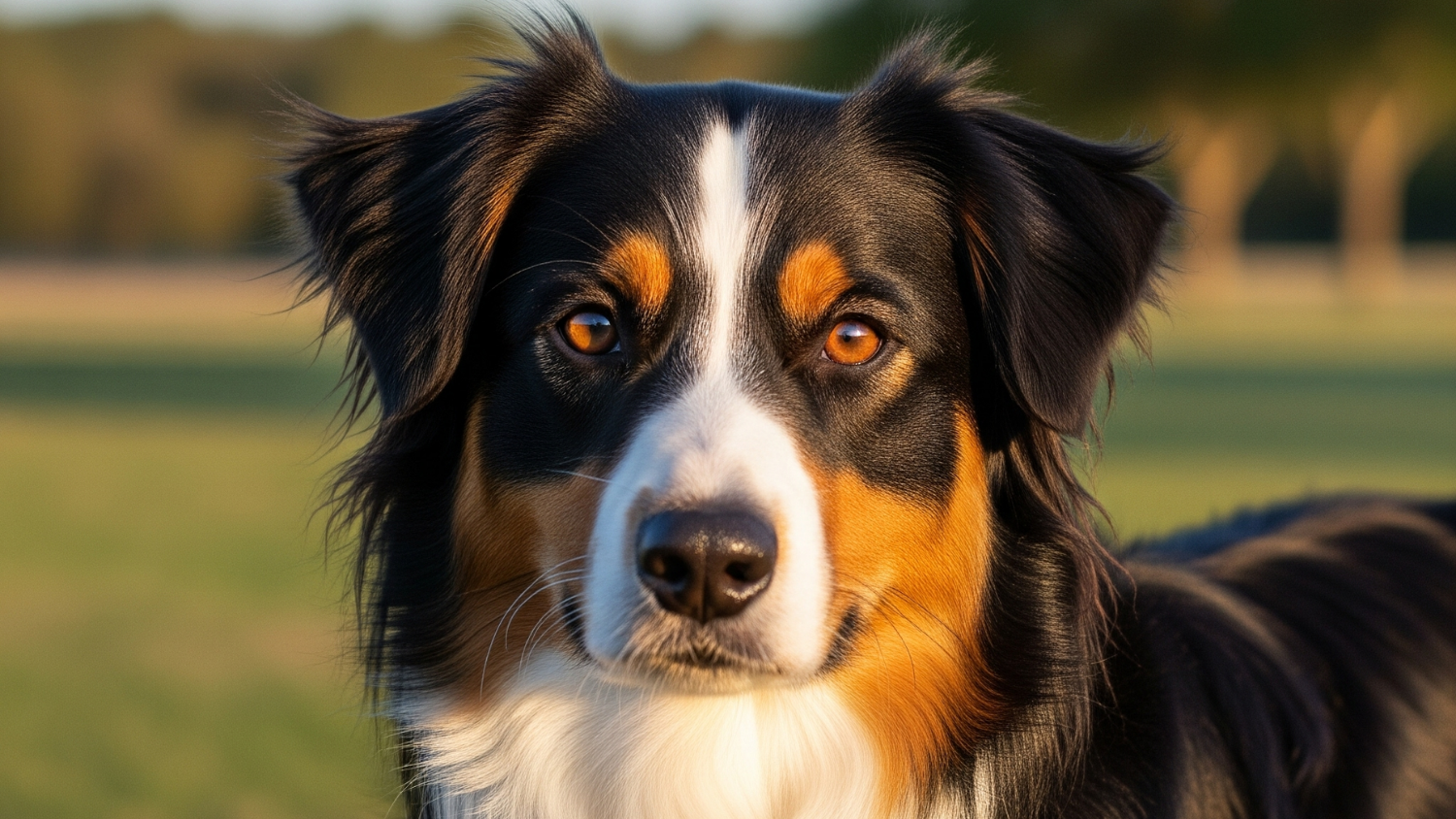 Ratgeber_Australian_Shepherd_Farbe_Black_Tri Ein Australien Shepherd in der Farbe Black Tri schaut in die Kamera