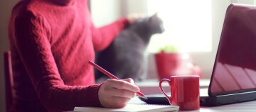 Frau in rotem Pulli sitzt am Schreibtisch, schreibt auf ein Notizbuch und streichelt eine graue Katze mit der anderen Hand