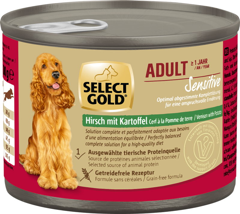 visuel boite select gold sensitive alimentation humide pour chien cerf pommes de terre 200g