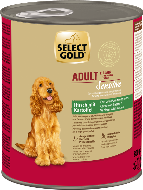 visuel boite select gold sensitive alimentation humide pour chien cerf pommes de terre 800g