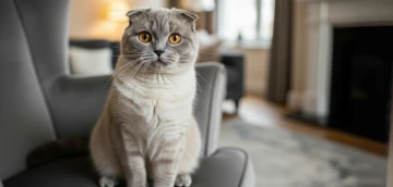 Eine Scottish Fold sitzt auf einem Sessel in einem Wohnzimmer und schaut in die Kamera