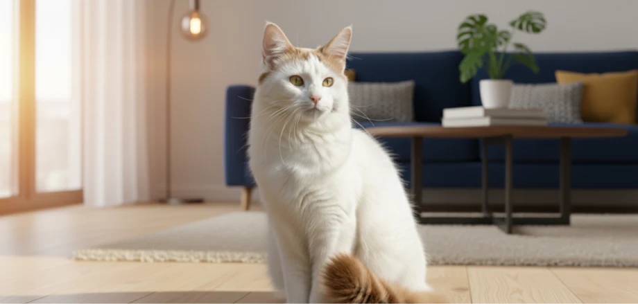 Türkisch Van mit braunen Ohren, braunem Schwanz und untypischen gelben Augen sitzt auf dem Boden vor einer blauen Couch.
