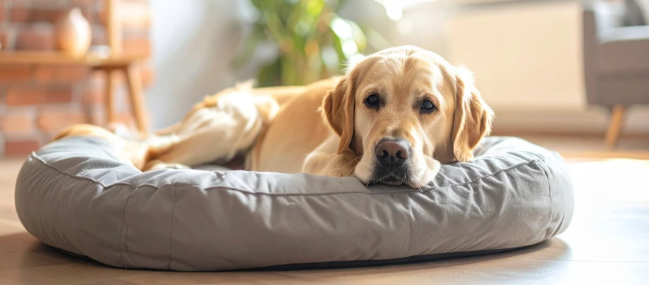 Ein älterer Golden Retriever liegt mit leerem Blick auf einem Hundebett. Ein älterer Golden Retriever liegt mit leerem Blick auf einem Hundebett.