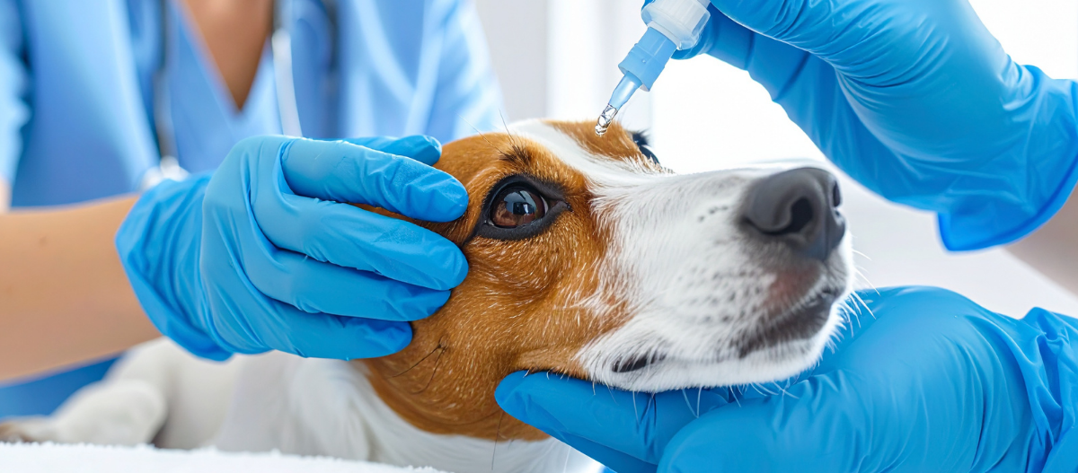 jack-russell-bekommt-augentropfen-verabreicht Jack Russel bekommt Augentropfen beim Tierarzt.