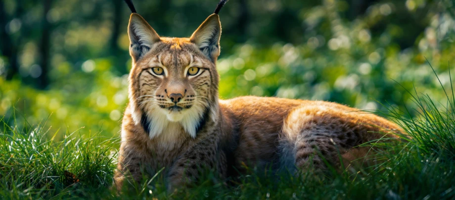 Ein Luchs liegt im Gras und schaut nach vorn.