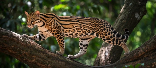 Ein Ozelot balanciert auf einem Baumstamm im Regenwald