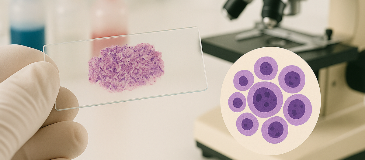 Mikroskopische Gewebeprobe auf einem Objektträger wird in einem Labor untersucht; schematische Darstellung von Krebszellen im Hintergrund.