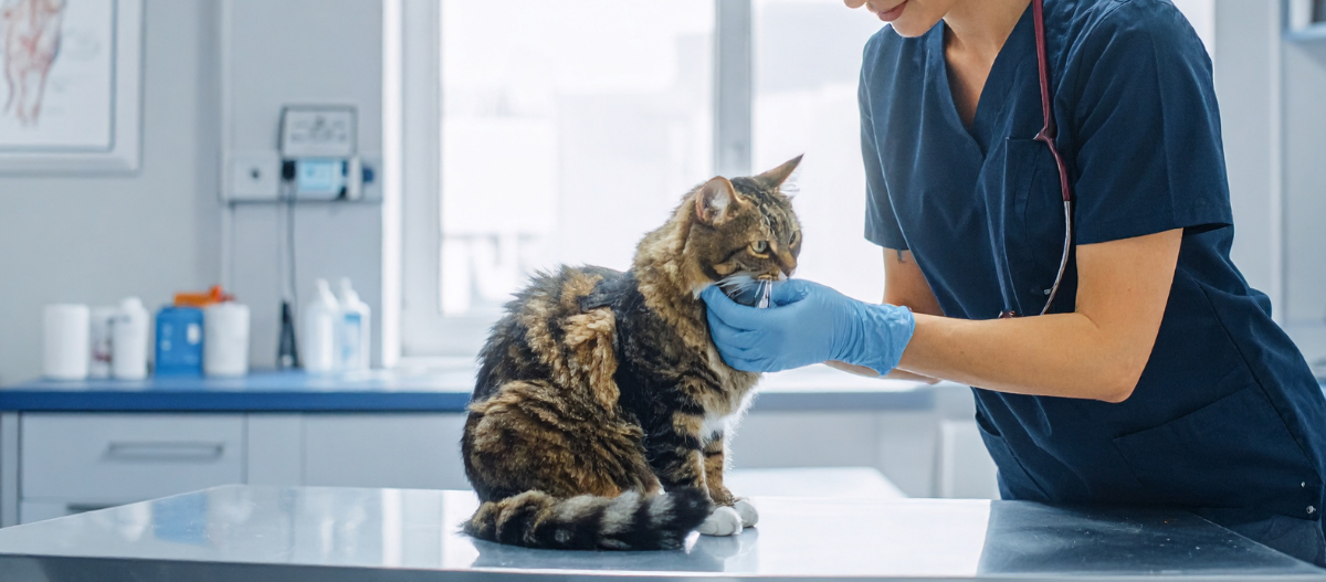 Tierärztin untersucht den Kopf einer sitzenden Katze auf dem Behandlungstisch in einer modernen Tierarztpraxis.