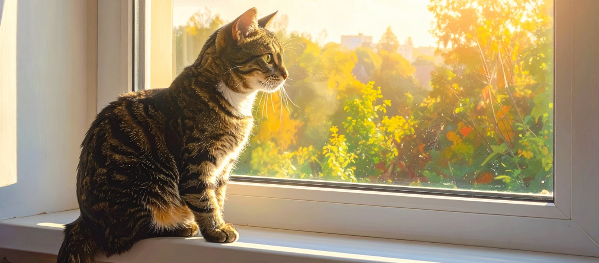 Getigerte Katze sitzt auf der Fensterbank und blickt in warmem Sonnenlicht nach draußen auf herbstliche Bäume.