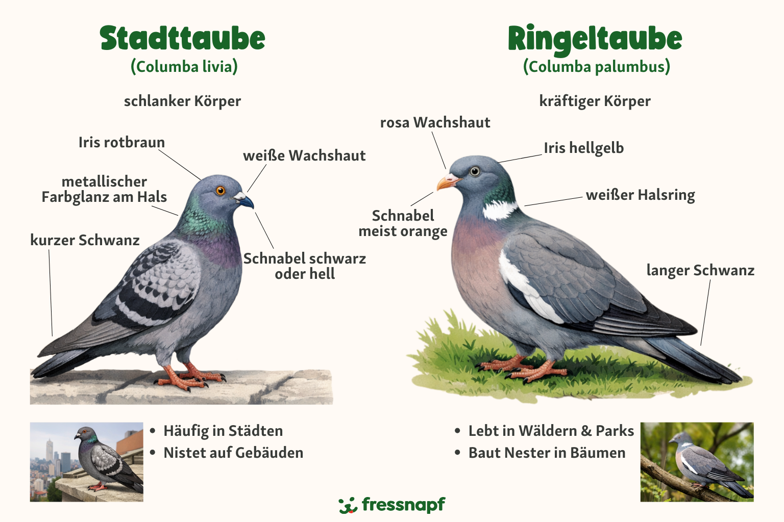 DE_Magazin_Infografik_Unterschied_Stadttaube_Ringeltaube Illustrierter Vergleich einer Stadttaube und einer Ringeltaube nebeneinander, mit beschrifteten Merkmalen wie Körperform, Halsfärbung, Irisfarbe, Schnabelfarbe, Schwanzlänge und Hinweisen auf städtische beziehungsweise bewaldete Lebensräume.