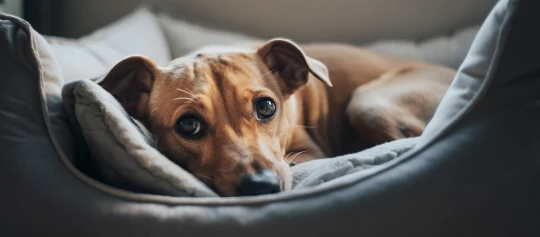 Ein kleiner brauner Hund liegt in seinem Korb.