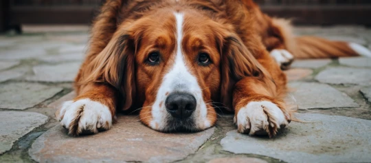 Ein brauner Hund liegt erschöpft auf Terrassenfliesen