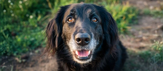 Ein alter Hund hockt am Wegrand und schaut auf.