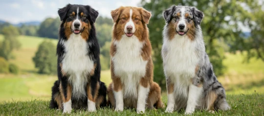 Drei Australian Shepherds sitzen nebeneinander auf einer Wiese mit Bäumen im Hintergrund.