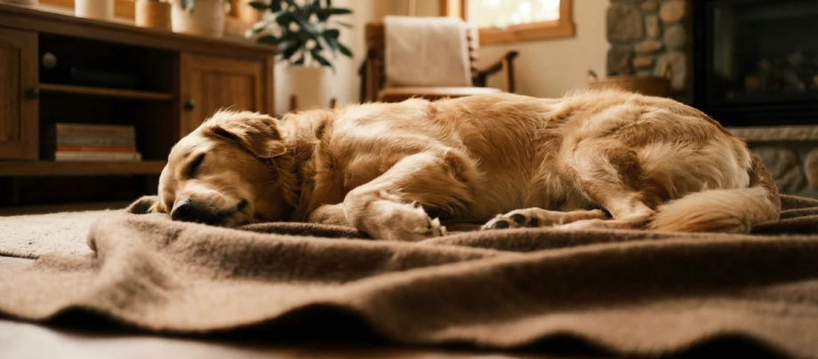 Ratgeber_Hund_Hundegesundheit_Blaehungen_beim_Hund_1200x527 Śpiący Golden Retriever na przytulnym kocu w ciepłym salonie.