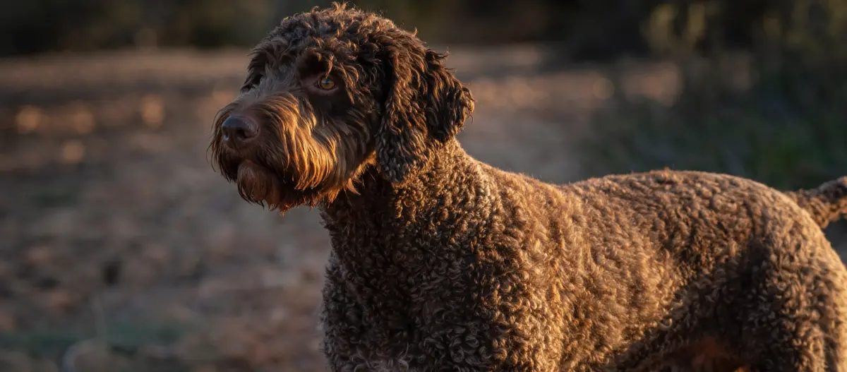 Brauner, lockiger Hund steht im warmen Abendlicht auf einem sandigen Weg und blickt aufmerksam zur Seite.