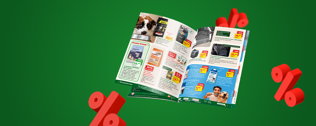 Maxi Zoo Leaflet 4 open on discounts, green background and red percentage symbols