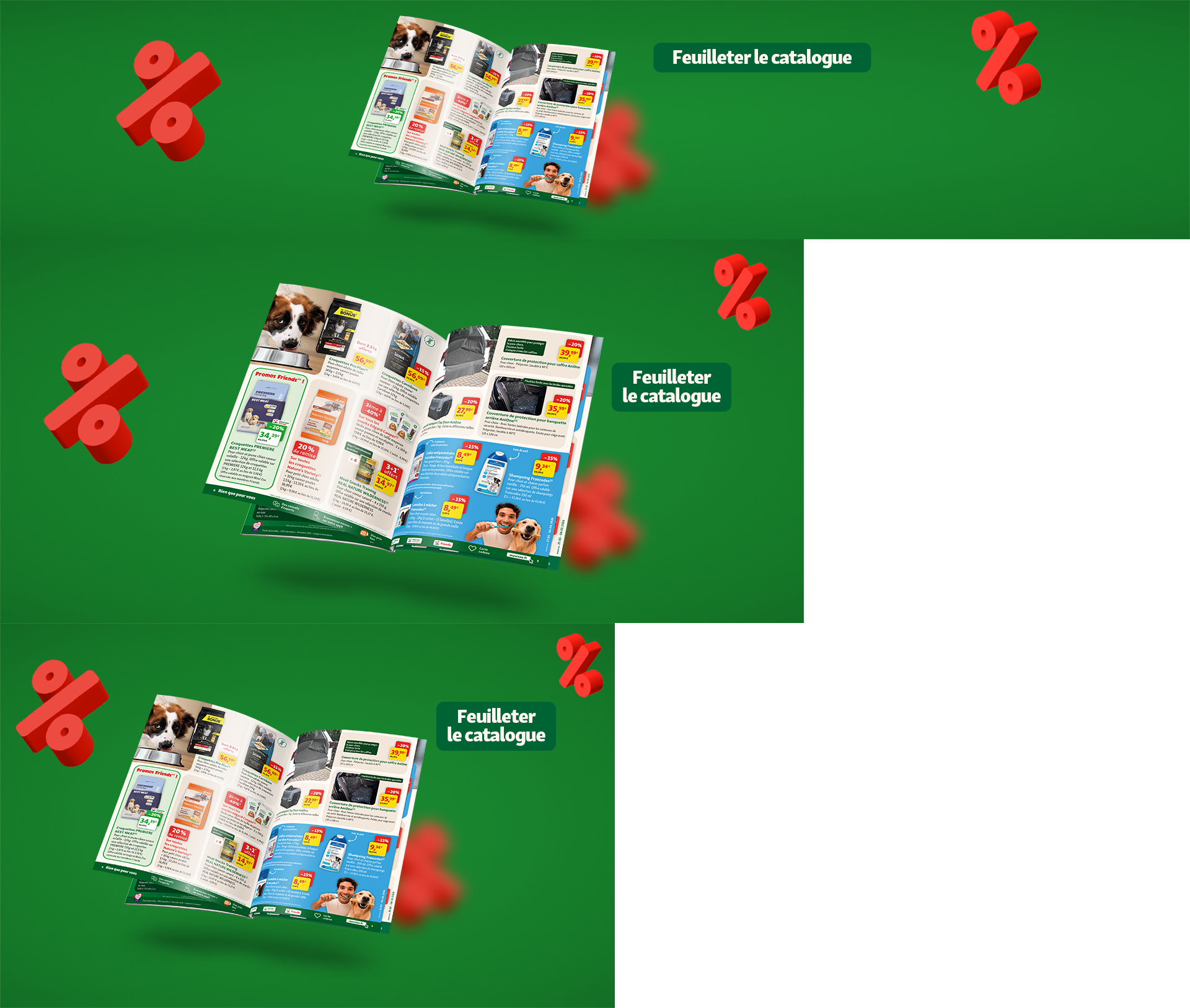 Maxi Zoo FR - new catalogue open on offer pages, green background and red percentage symbols