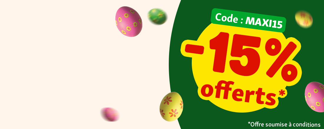 Bannière offre de Pâques . Message "-15% offert" en rouge, sur fond beige et vert, avec des œufs de Pâques colorés