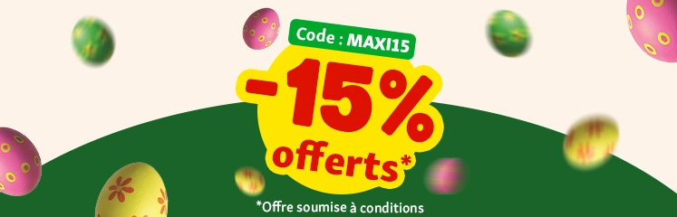 Bannière promotionnelle avec message : "-15% offerts" en rouge, sur fond beige et vert et multiples œufs colorés