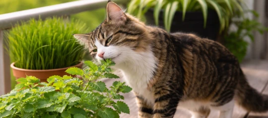Getigerte Katze schnuppert an einer Pflanze auf dem Balkon.