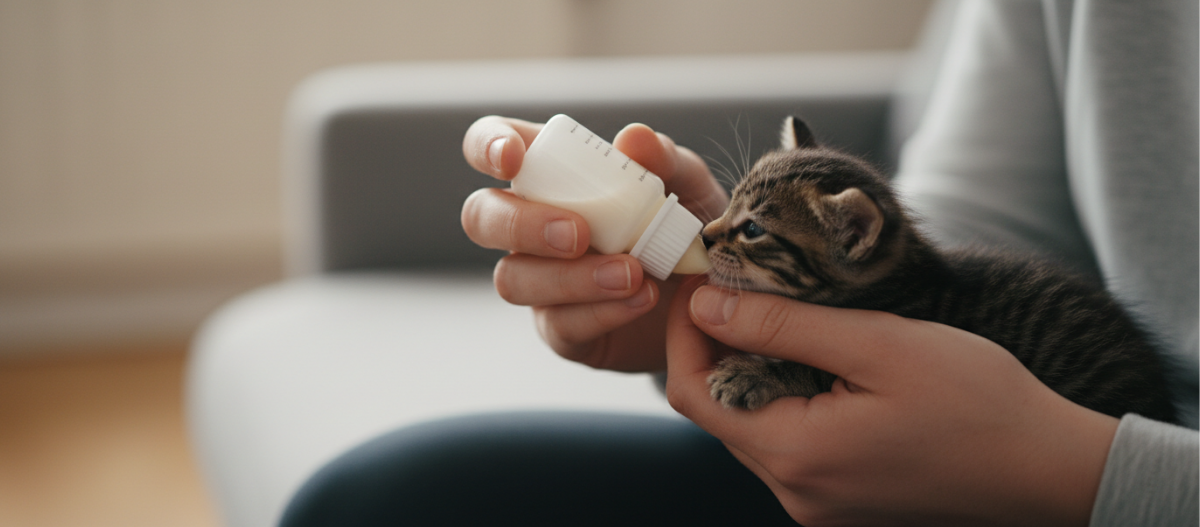 Kitten wird per Hand mit einer Flasche gefüttert.
