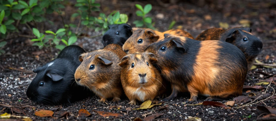 Mehrere Meerschweinchen sitzen draußen zusammen als Gruppe.