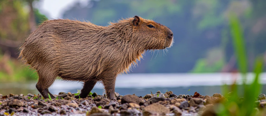Capybara mit nassem Fell steht an einem steinigen Flussufer neben ruhigem Wasser in natürlicher Landschaft.