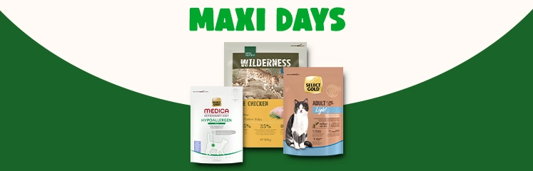 3 sacs de croquettes pour chat, avec le texte MAXI DAYS et un fond ivoire et vert