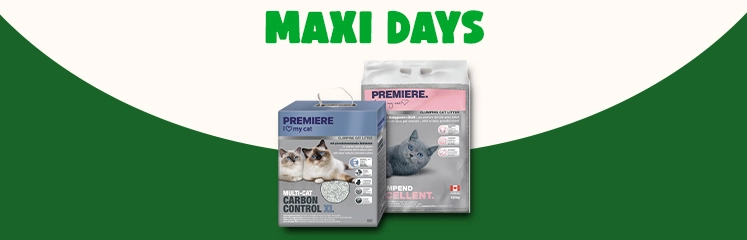 Deux sacs de litière Premiere, avec le texte Maxi Days et un fond ivoire et vert