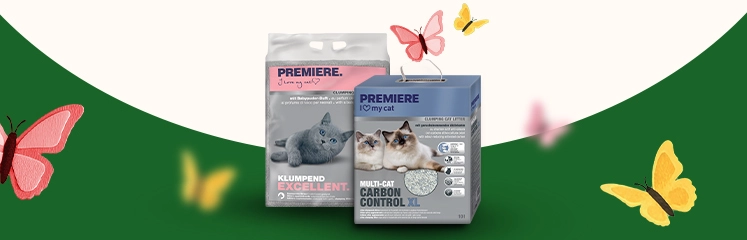 Sacs de litières Premiere, sur un fond beige et vert, avec des papillons colorés