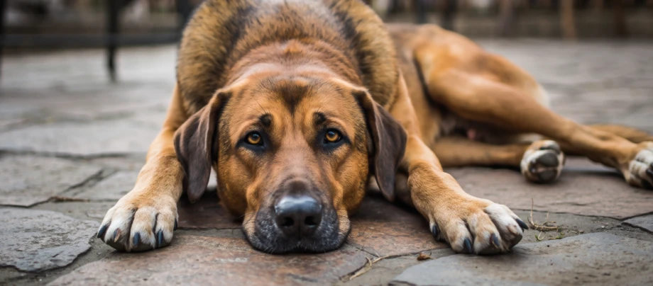 Großer Hund liegt auf einem gepflasterten Boden, Vorderpfoten ausgestreckt, der Körper ruht flach auf dem Boden.