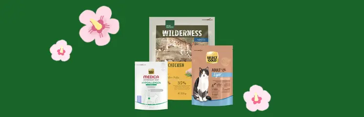 Bannière verte avec 3 sachets de croquettes pour chat et des fleurs roses sur le fond