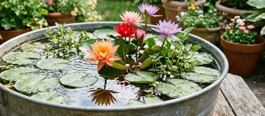 Ein Mini-Teich in einem großen Metalleimer