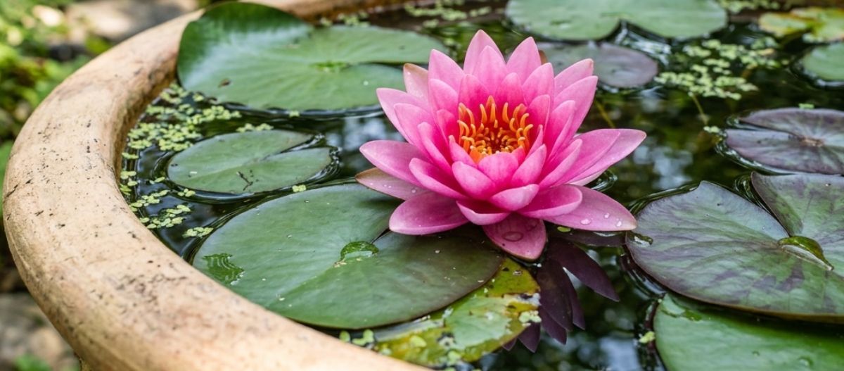 Rosa Seerose in einem Mini-Teich