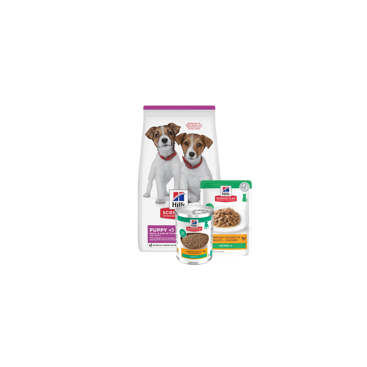 Abgebildet ist eine Packung Hundetrockennahrung Junior Huhn 1,5 kg, eine Dose Hundenassnahrung Ragout Huhn 363 g und ein Frischebeutel Kittennassnahrung Huhn 85 g der Marke Hills.