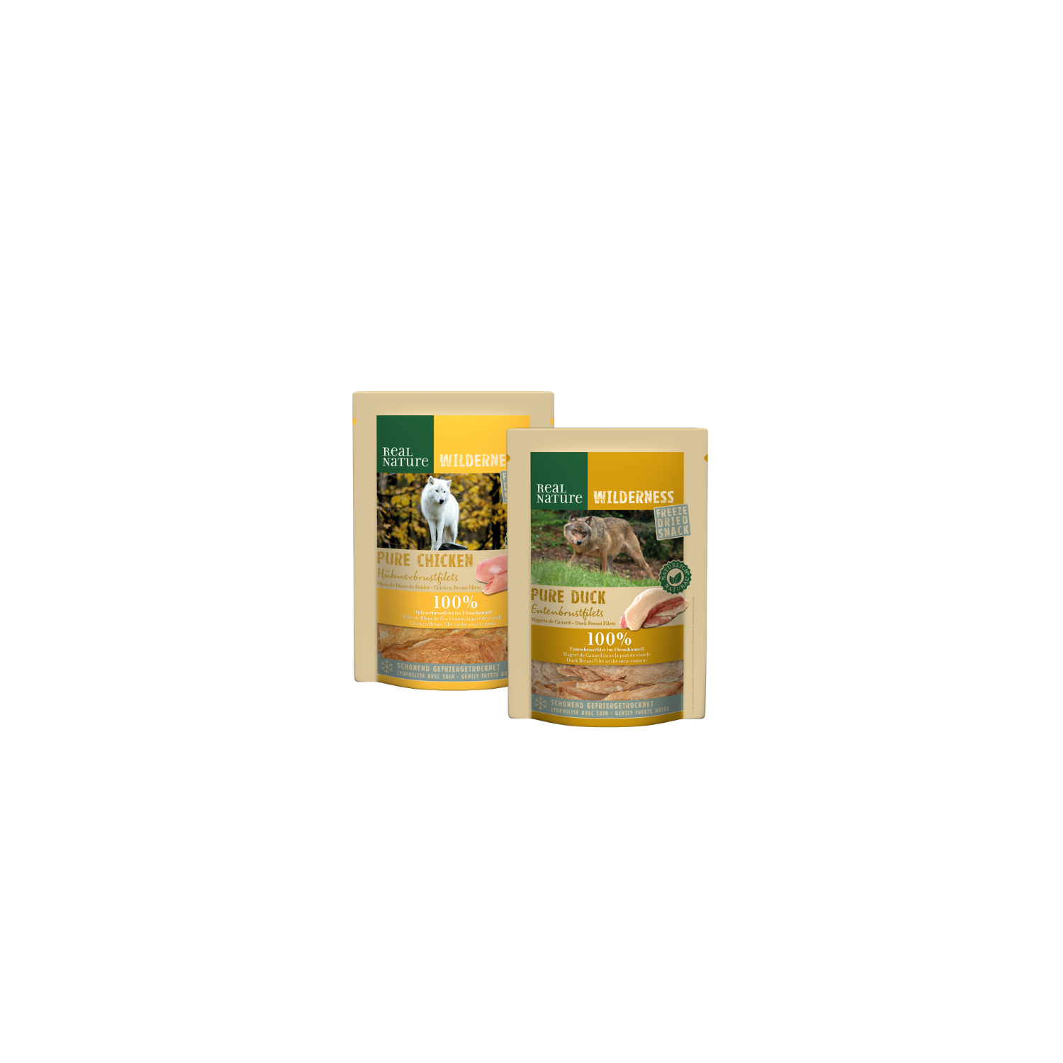 Abgebildet sind zwei Hundesnacks 100 g in den Sorten Filet Snack Huhn und Ente der Marke REAL NATURE WILDERNESS.