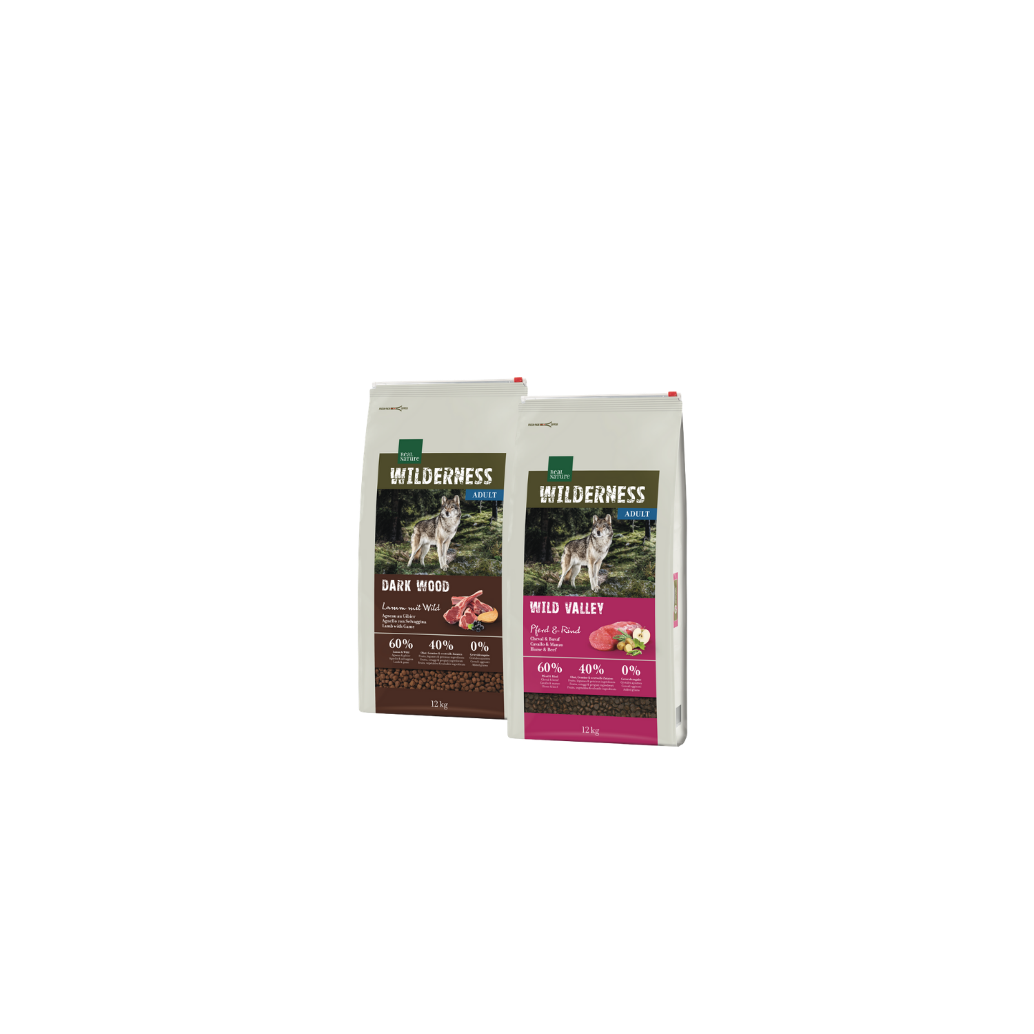 Abgebildet sind zwei Beutel Hundetrockennahrung 12 kg in den Sorten Dark Wood und Wild Valley der Marke REAL NATURE WILDERNESS.