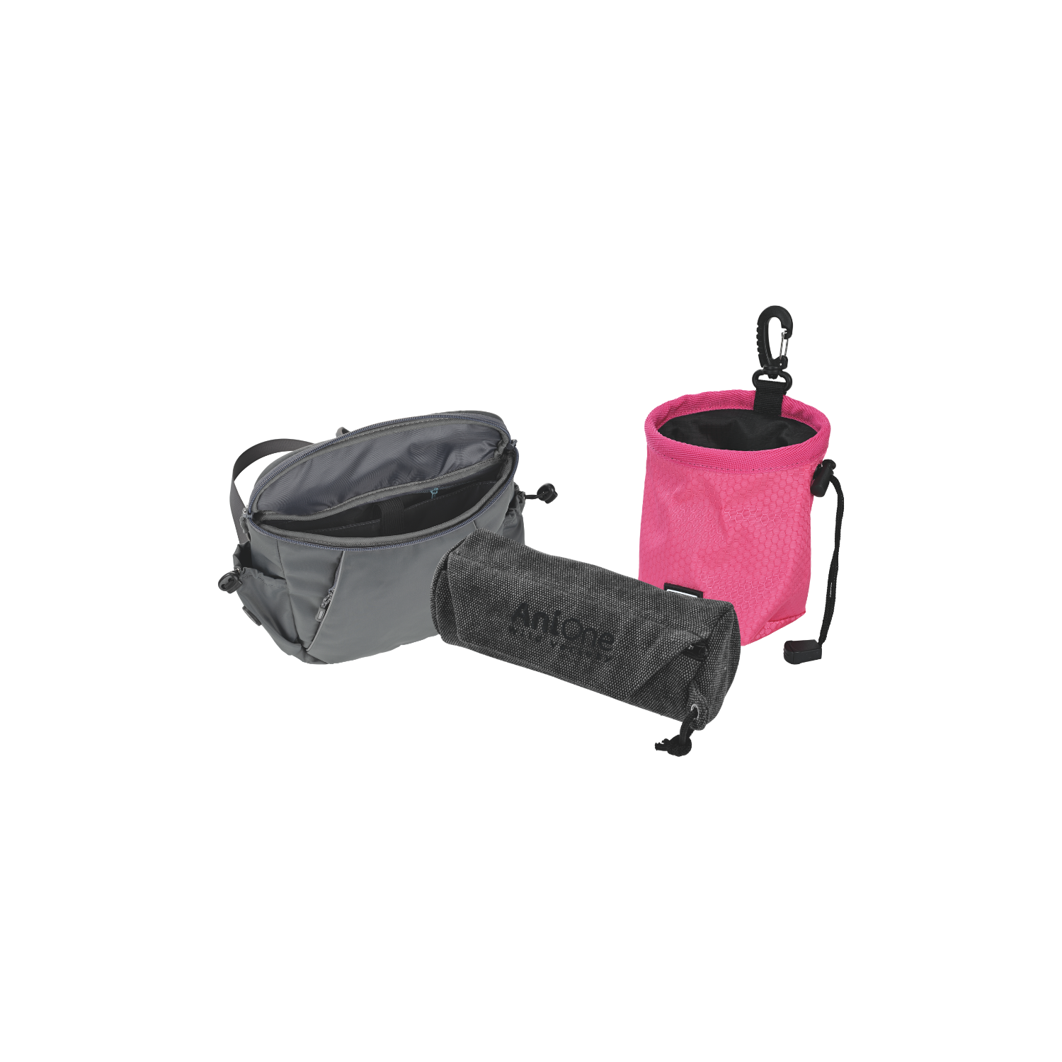 Abgebildet sind eine Gassi- und Trainingstasche, ein Snackdummy in schwarz und eine Snacktasche in pink der Marke AniOne.