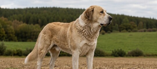 Ein Zentralasiatischer Owtscharka steht auf einem Feld