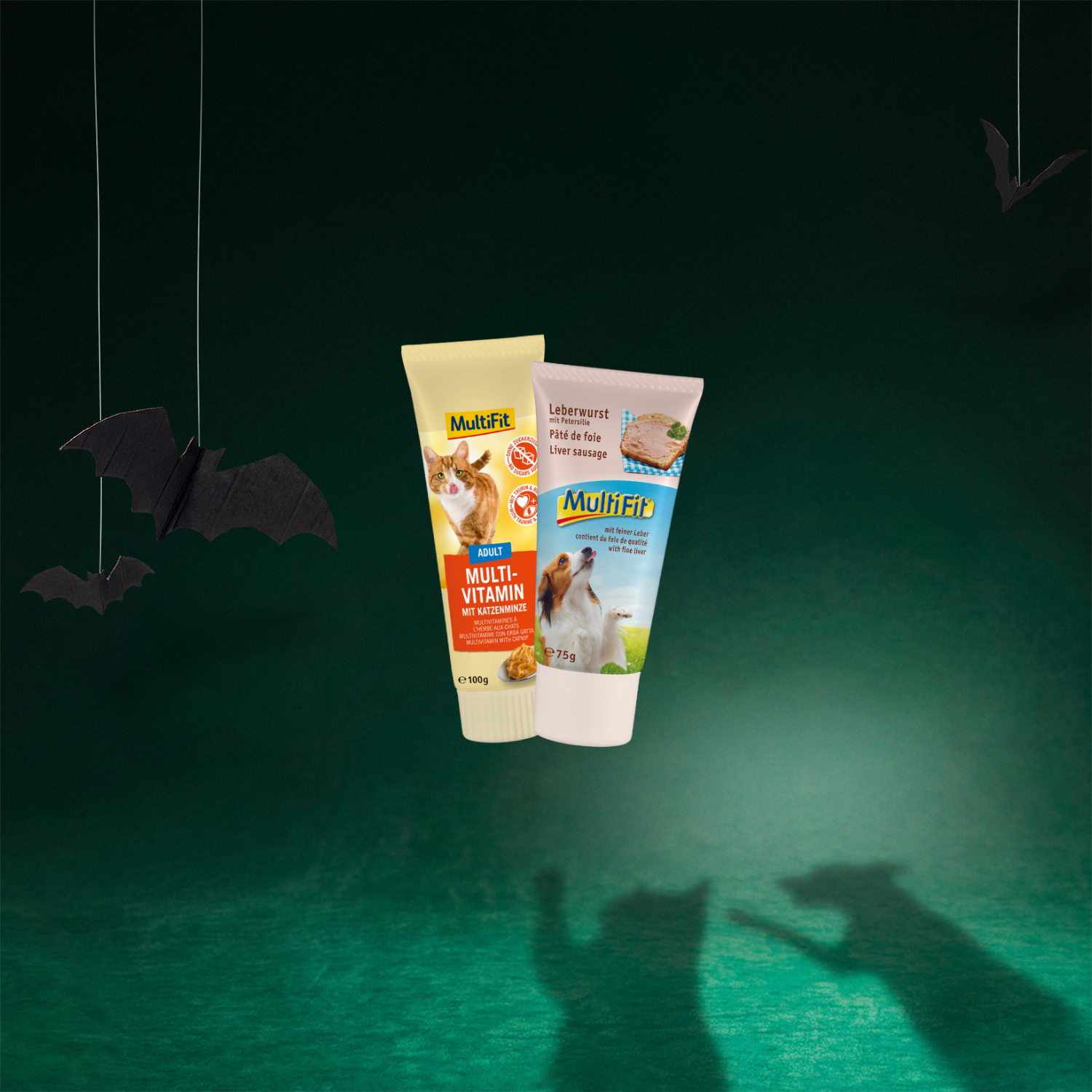 L'image représente deux tubes contenant respectivement 100 g de pâte multivitaminée pour chats et 75 g de pâté au foie pour chiens de la marque MultiFit.