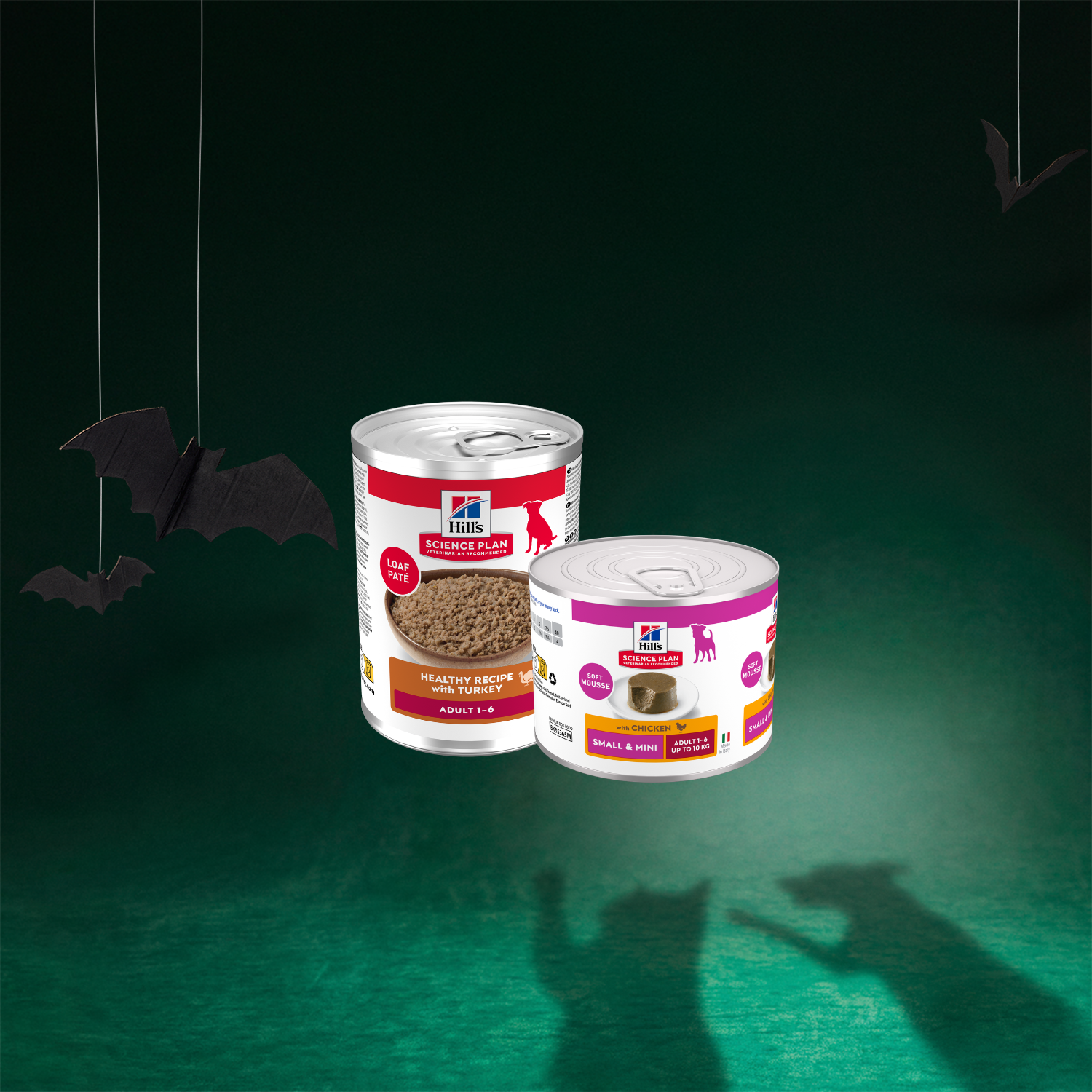 La photo montre deux boîtes de nourriture humide pour chiens : Science Plan Adult Dinde 370 g et Science Plan Mousse Poulet 200 g, de la marque Hill's.