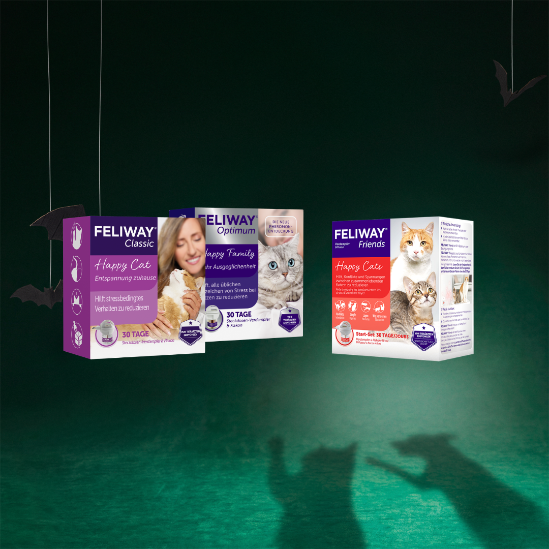 On voit ici trois coffrets de démarrage pour diffuseurs de phéromones de la marque Feliway.
