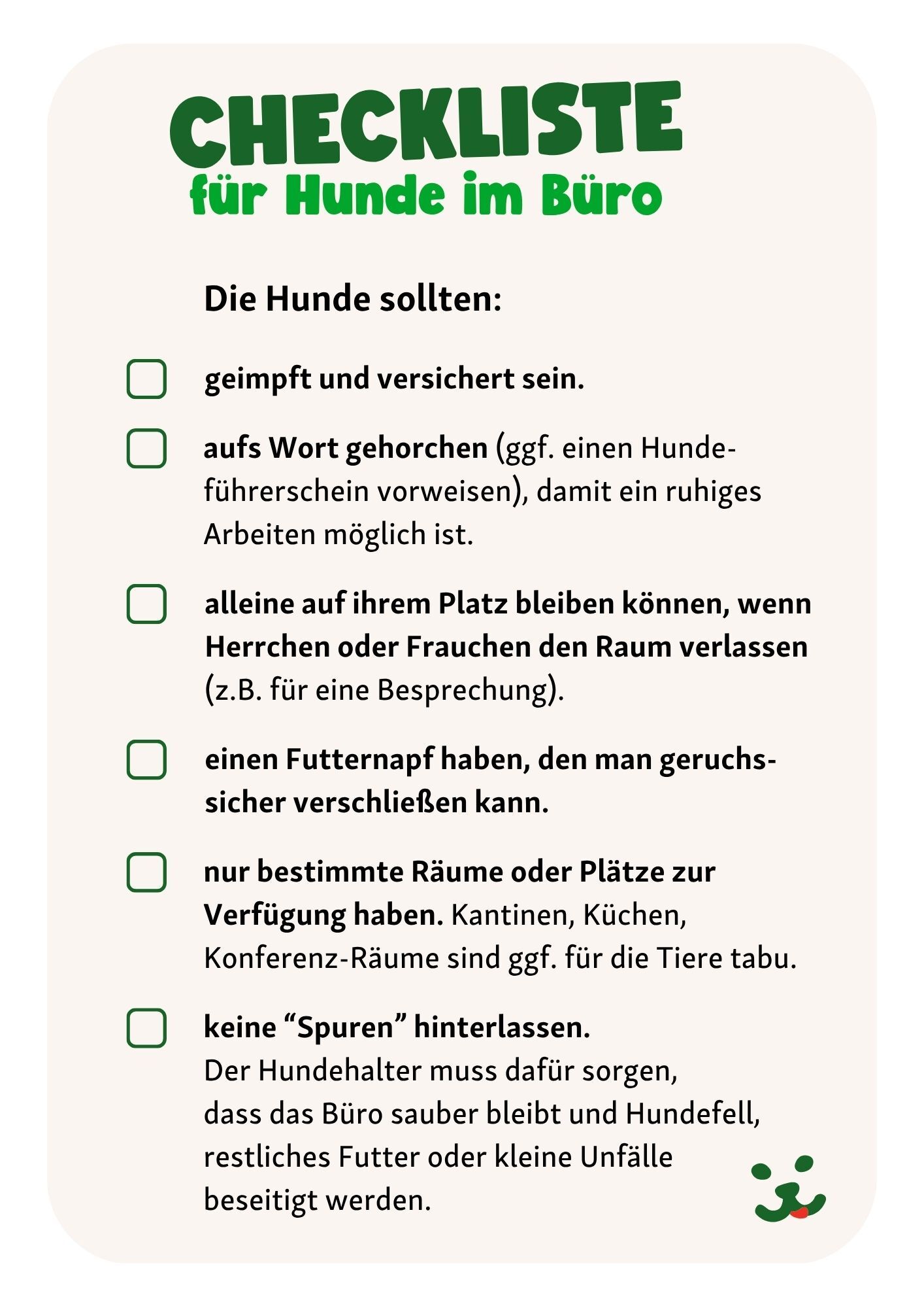 CHECKLISTE für Hunde im Büro Grafik mit dem Titel „Checkliste für Hunde im Büro“, die mehrere Anforderungen an Bürohunde aufzählt, wie Impfstatus, Gehorsam, fester Platz, eigener Futternapf, eingeschränkter Zugang zu bestimmten Räumen und Sauberkeit.