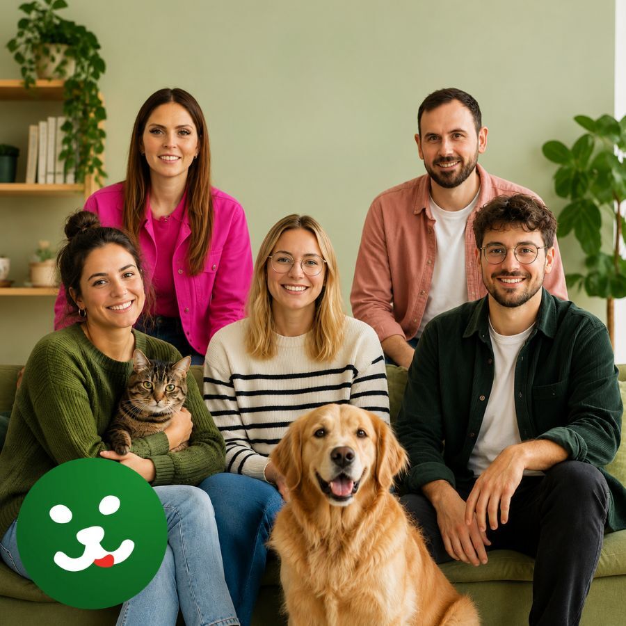 Das Fressnapf Redaktionsteam sitzt gemeinsam auf einer Couch mit einem Hund und einer Katze.
