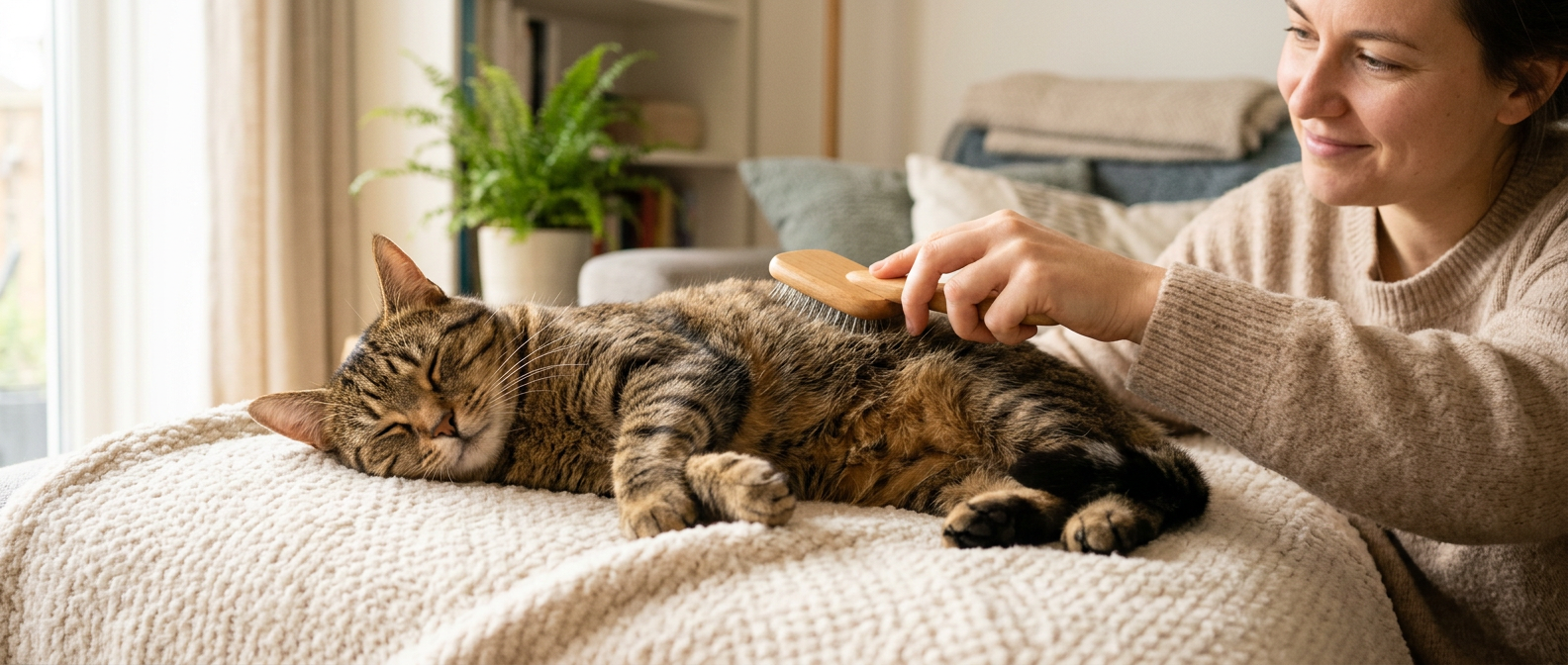 Ratgeber-Fellpflege-bei-Katze Katze liegt auf einer Decke und wird gebürstet.