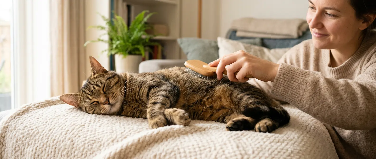 Katze liegt auf einer Decke und wird gebürstet.